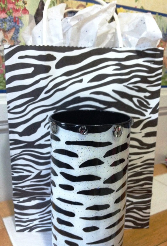 CLEARANCE/ Zebra Print Glass Vase/ Hand Painted and Glittered Home