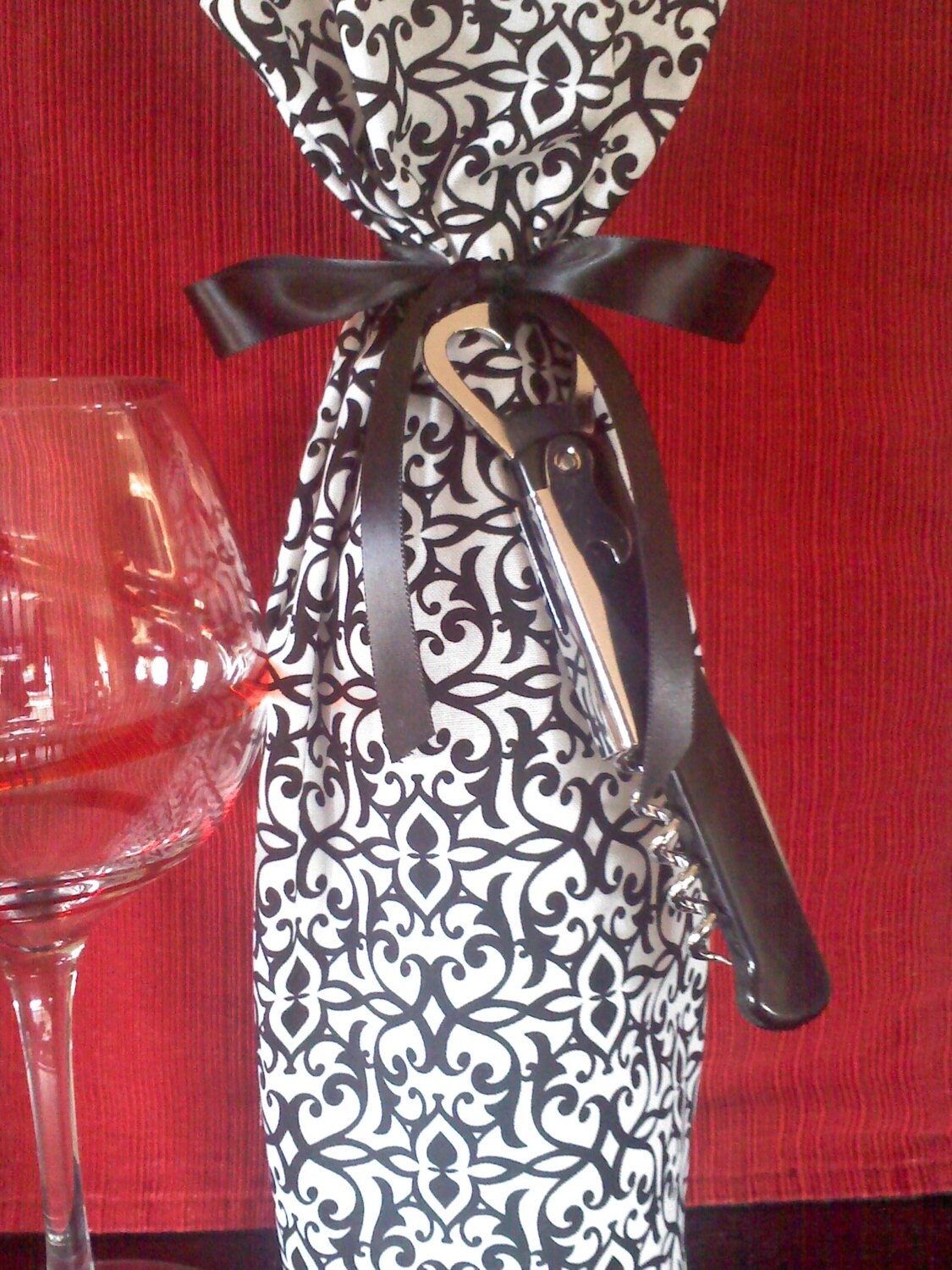 Wine Gift Bag Black and White wine bag w/ corkscrew bottle