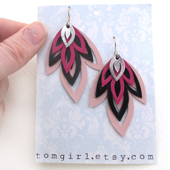 Pink and Black Hand Cut Leather Earrings by tomgirl on Etsy