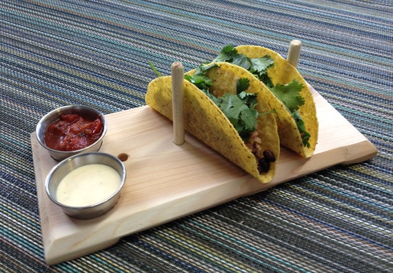 Taco Plank - cedar serving plate with stainless steel  cups