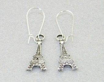 Silver flat eiffel tower charm dangle earrings,  Champ de Mars, Paris, France, Vacation, Holiday, jewelry