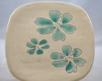 Square Ceramic Plate with Hand Painted Aqua Green Flowers Stoneware Clay Pottery