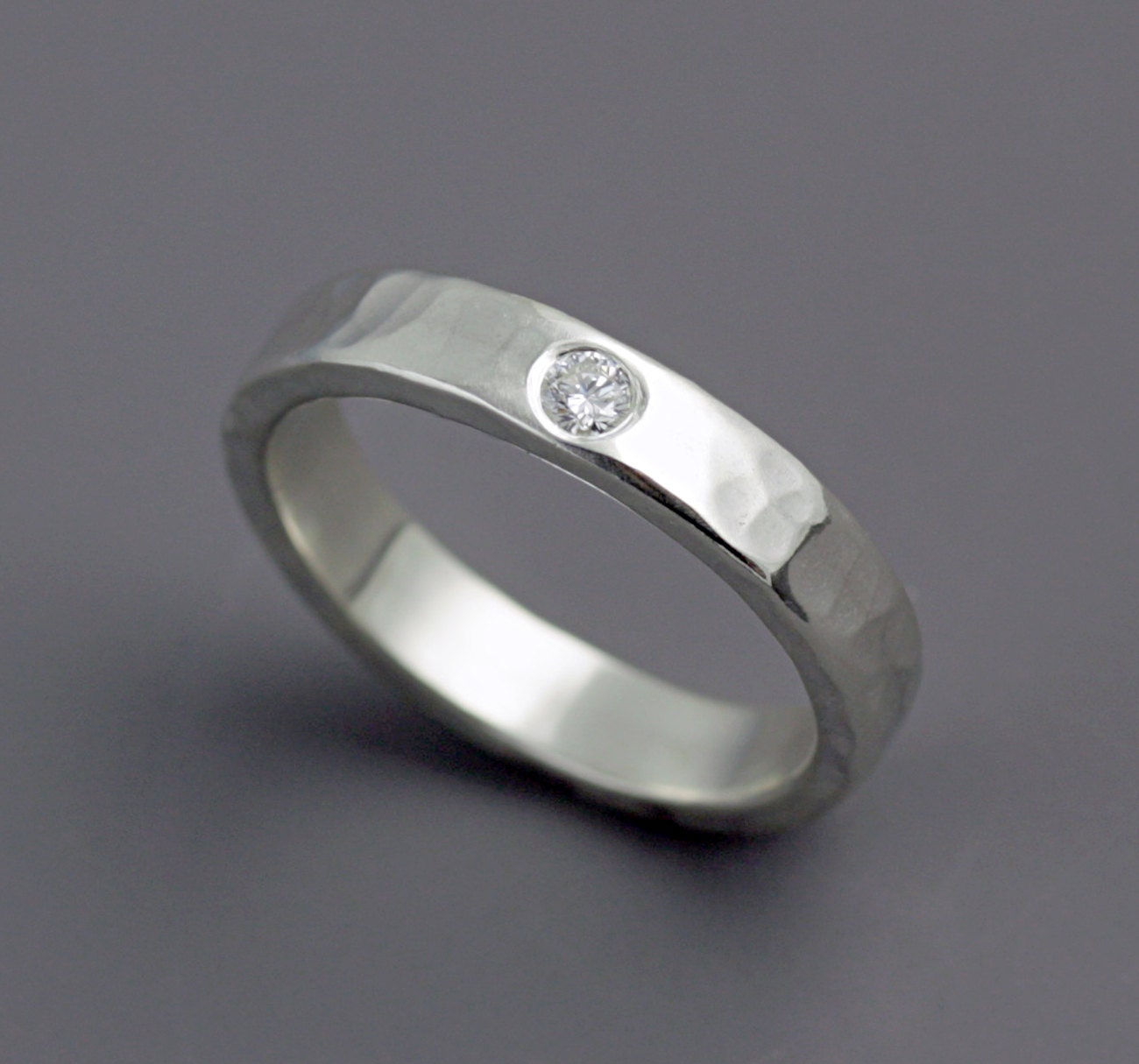 Womens Wide Hammered Sterling Silver Band with White Diamond