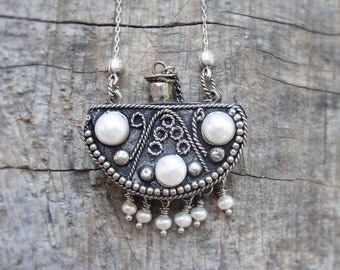 Ethnic Tribal Necklace - Secret Hiding Place, Vintage Bottle, Pearls
