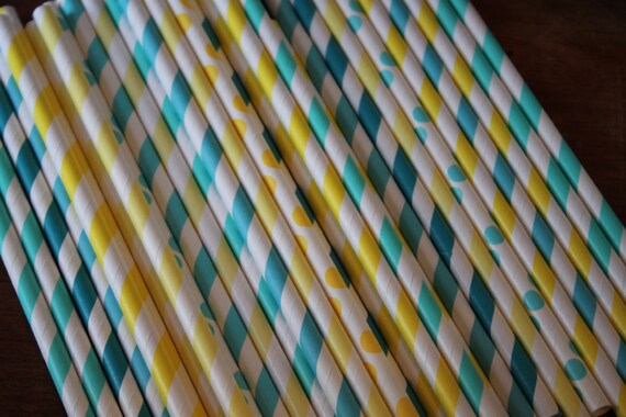 Aqua and Yellow Paper Straws Set of 20 Il_570xn