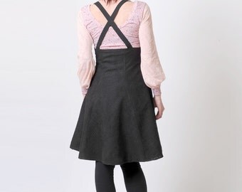 CD 25 Print Suspender Skirt Light Gray and Navy Blue Polyester