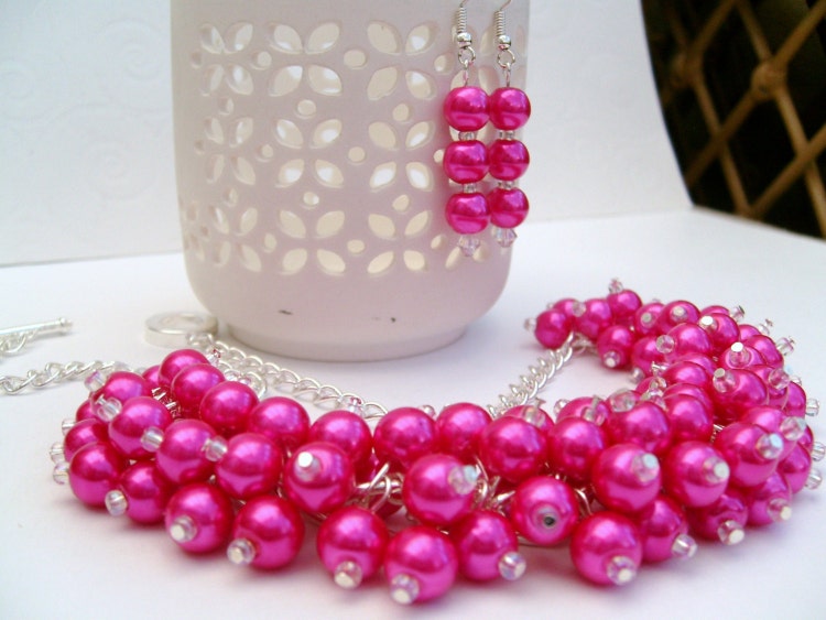 Set Of 7 Bridesmaids Hot Pink Beaded Necklace Pink By Kimmsmith