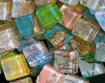 Map Magnets - Glass Magnets of Vintage Maps - Party Favors - Gift for Map Lovers - Stocking Stuffer - World Map Magnets - Set of 10
