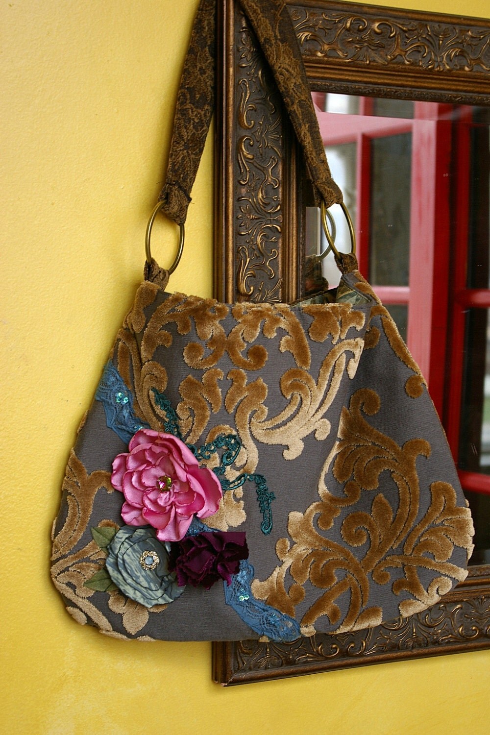 Spring flowers on velvet purse