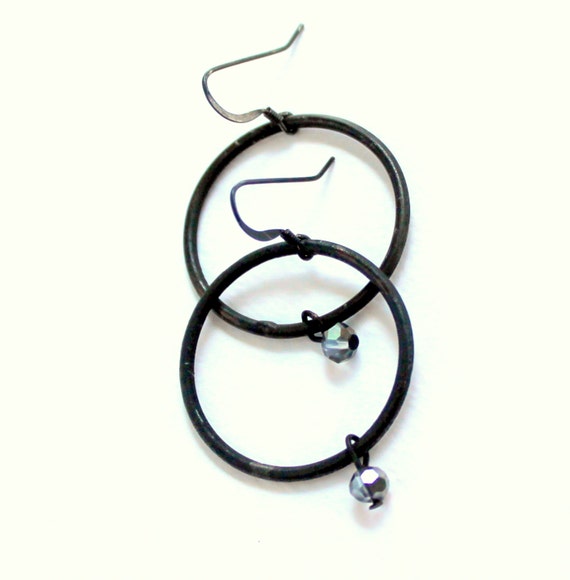 Black Earrings, Rustic Hoops, Dangle Charm Crystal, Oxidized Hoop Earrings, Artisan Earrings, Rustick Hoops, Dangling Crystal Bead