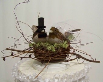 Wedding Cake Topper-Black Cap Chickadees and Twig Nest- bird cake topper