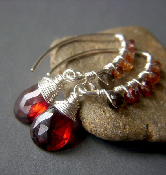 Genuine Garnet Earrings on Sterling Silver . Wirewrapped Red