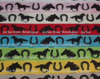 7/8" Horse Ribbon Horseshoe Ribbon Grosgrain Ribbon 5 yds- M2MG- Ribbon By The Yard Western Ribbon Country Ribbon School Ribbon Team Ribbon