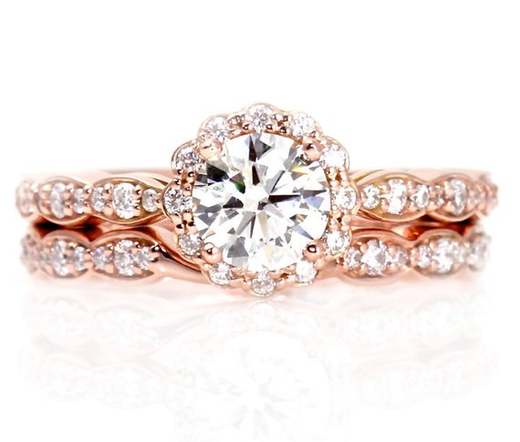 14K Rose Gold Moissanite Engagement Ring Wedding Set by RareEarth