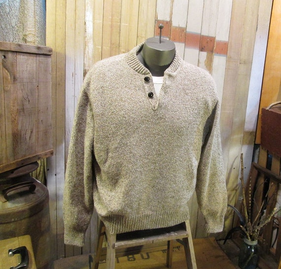 Vintage Sweater ragg wool Henley button brown cream USA