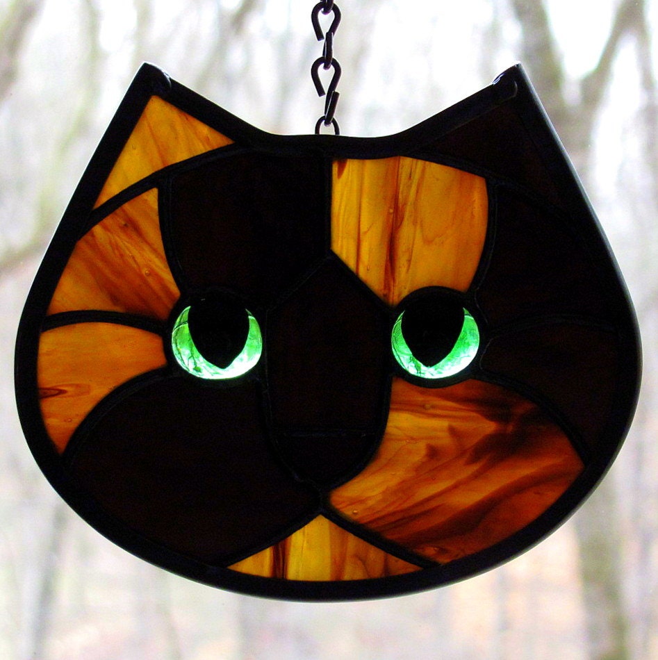 Stained Glass Tortoiseshell Cat Face Suncatcher Green Eyes 1864