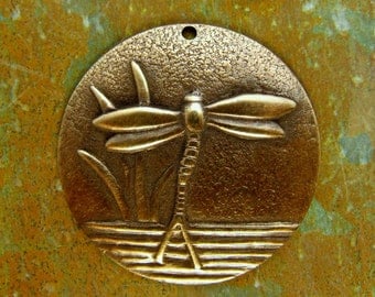 Brass Dragonfly Pendant - Hand Antiqued Round Charms - Patina Queen - 1
