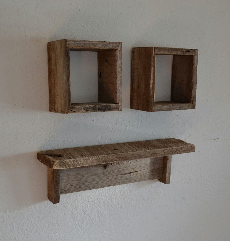 Reclaimed wood shadow boxes and wood wall shelf