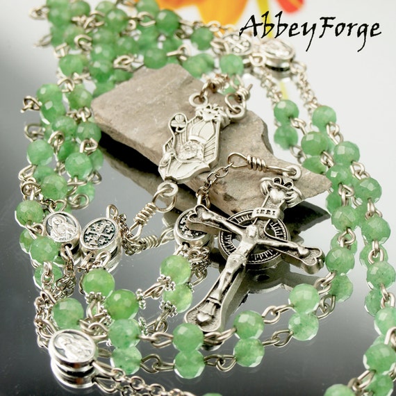 Green Jade Catholic Rosary Celtic Irish Theme with Pewter St.Patrick Cross and Centerpiece $99.00 USD