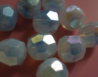 Vintage Glass Beads (8)(9mm) German Blue Opal Givre Faceted AB Beads