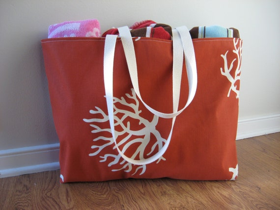 Beach Bag Extra Large - White Sea Coral on Rust Beach Tote - Water ...