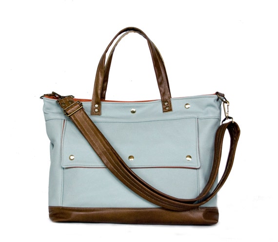 Leather Laptop Briefcase in Surf Sky Blue and by JennyNDesign