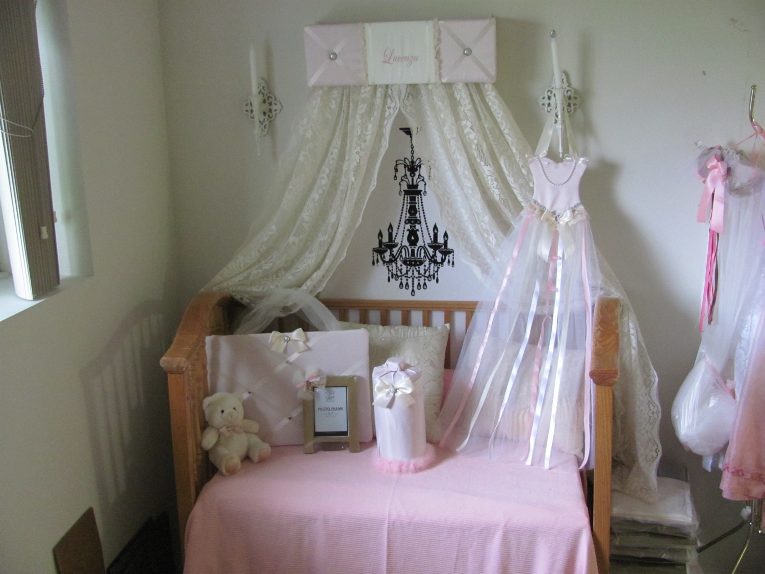 Crib Canopy Bed Crown Teesters Princess Pink Ivory Lace