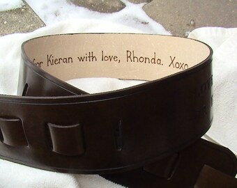 Added Feature Only - Pyrography (branding) Writing to the interior of genuine leather belts or guitar straps