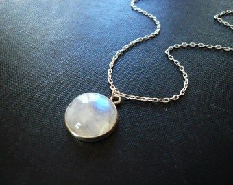 Moonstone Necklace in Sterling Silver - Bezel Set Smooth Rainbow Moonstone Pendant Necklace