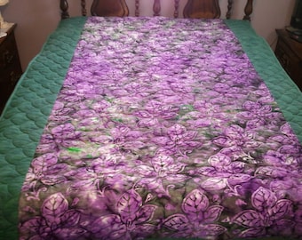 Violet Purple/ Dark Green Leaves Cotton Flannel Batik Twin Size Quilt