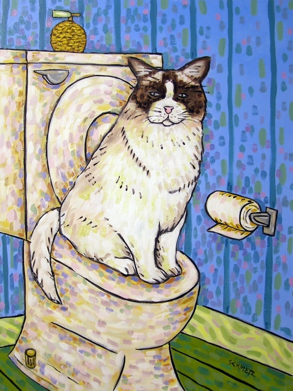 cat art Fluffy Cat in the Bathroom Art Print JSCHMETZ