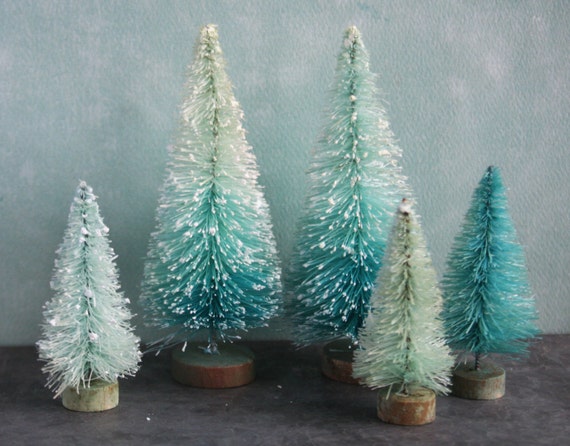 Aqua Blue Ombre Vintage Style Bottle Brush Trees by juliecollings