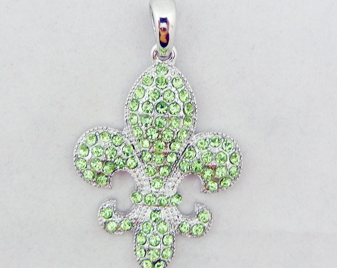 Silver-tone Green Peridot Rhinestone Fleur de Lis Pendant