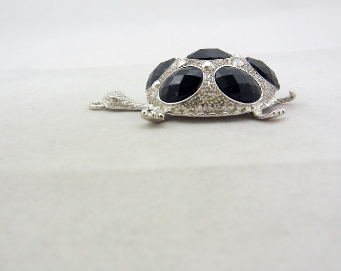 Textured Silver-tone Turtle Pendant with Black Acrylic Cabochons