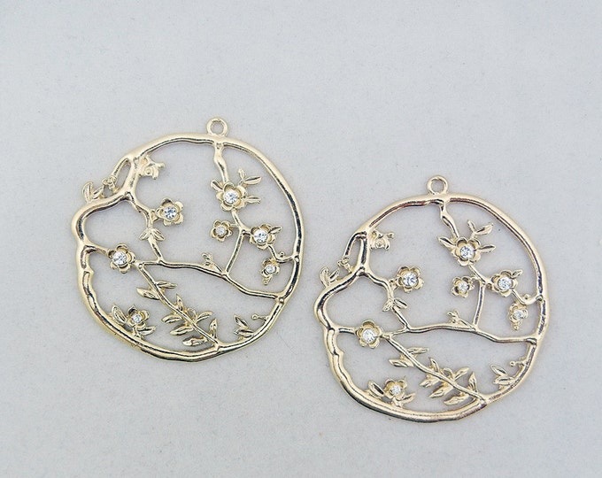 Pair of Gold-tone Tree Branches Rhinestone Flower Charms