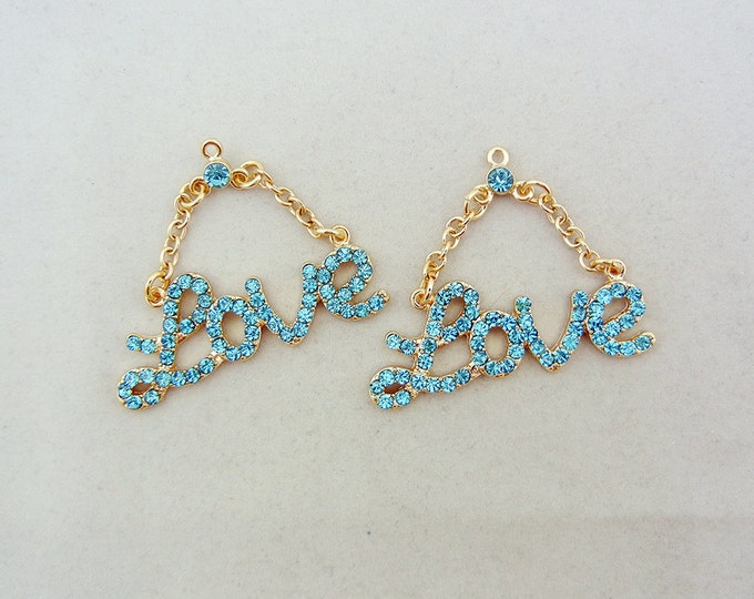 Pair of Turquoise Blue Rhinestone Love Charms Gold-tone Double Link Chain