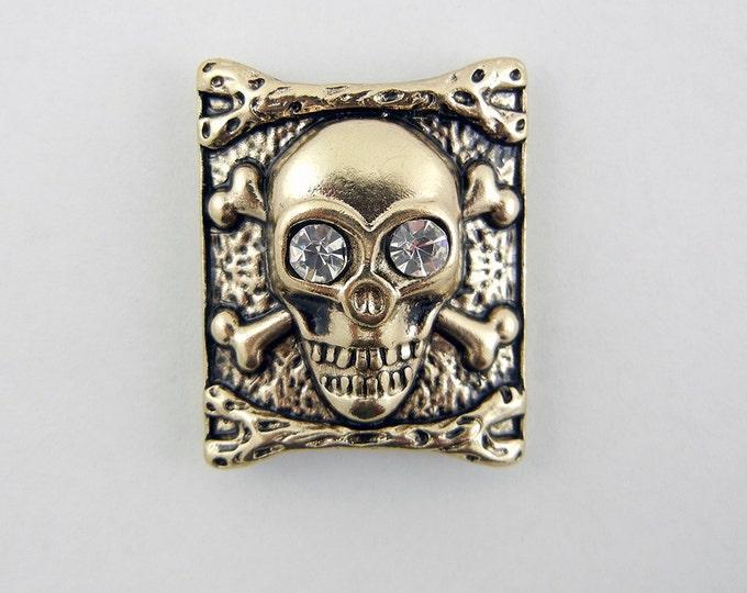 Rectangular Skull and Crossbones Slide Charm Antique Gold-tone Rhinestone Eyes