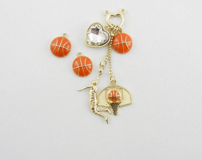 Set of Gold-tone with Orange Epoxy Basketball Charms and Pendant