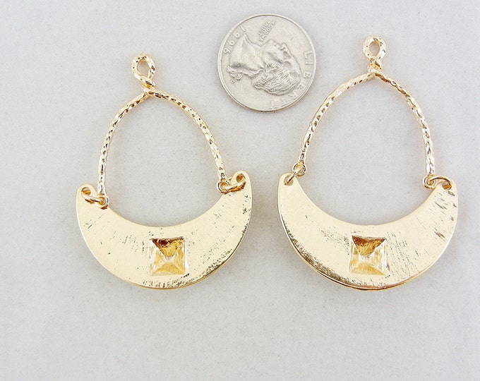 Pair of Gold-tone Crescent Shape Drop Charms Tribal with Rhinestone Pyramid