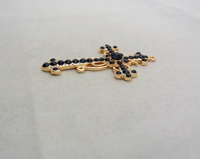 Gold-tone Filigree Cross Pendant Black Rhinestones