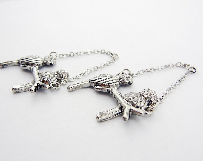 Pair of Silver-tone Birds on a Branch Drop Charms Rhinestone