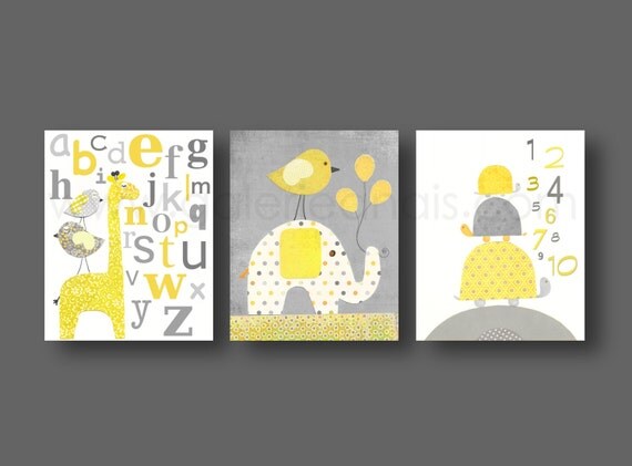Yellow gray nursery art Baby Nursery Decor giraffe nursery wall art elephant nursery turtle number alphabet nursery - Set of three prints by GalerieAnais