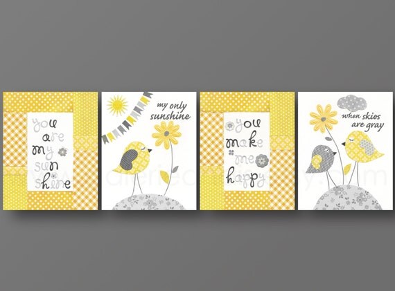 Nursery art baby nursery decor nursery wall art Kids art kids decor bird cloud words Set of 4 Prints - You Are My Sunshine by GalerieAnais