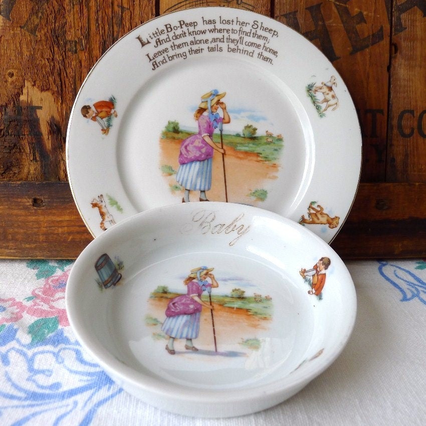 Baby Plate Nursery Rhyme Little Bo Peep Bowl Plate Set Vintage