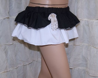 Black and White Layered Ruffle Mini Skirt with Embroidered Skeleton Hand Pin Adult Medium MTCoffinz --- ready to ship