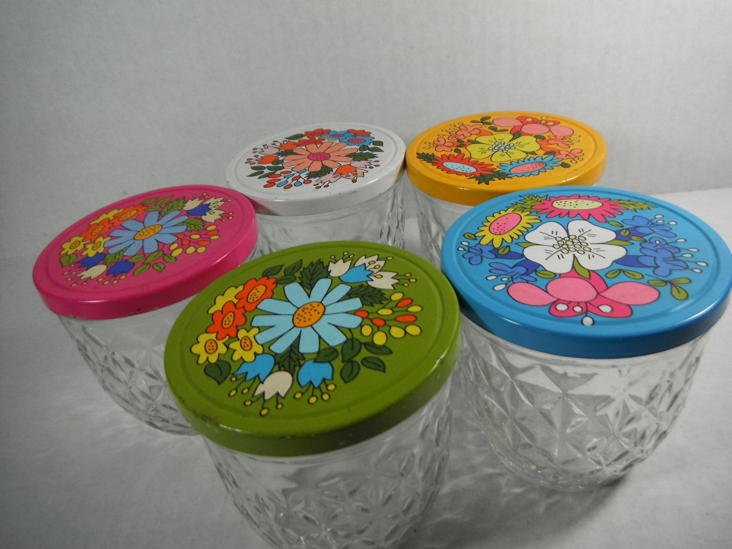 Set of Five Vintage Quilted Crystal Ball Jelly Jars with