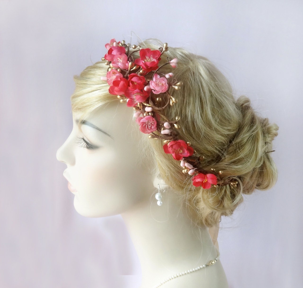 gold pink flower hair accessory pink flower circlet bridal