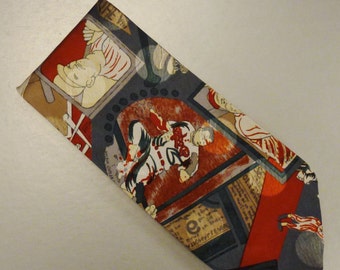 Designer BASEBALL Peachick Neck TIE Silk handmade 1980s Dead Stock 59 x 3plus in