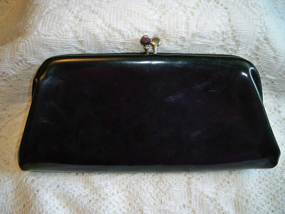SALE Vintage Black Patent Leather Clutch Purse Evening Bag