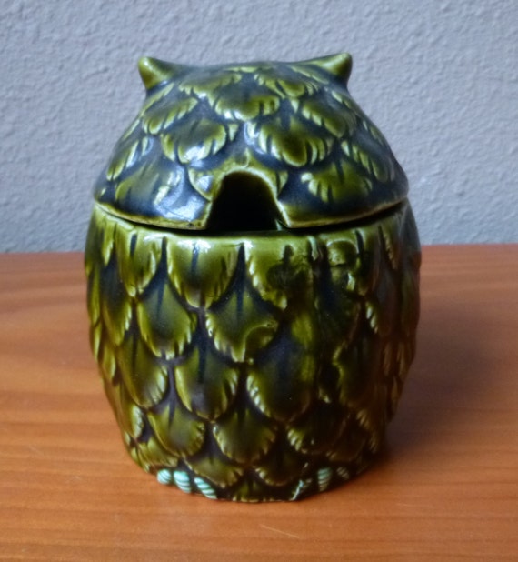 Green Ceramic OWL Sugar Bowl and Lid Japan